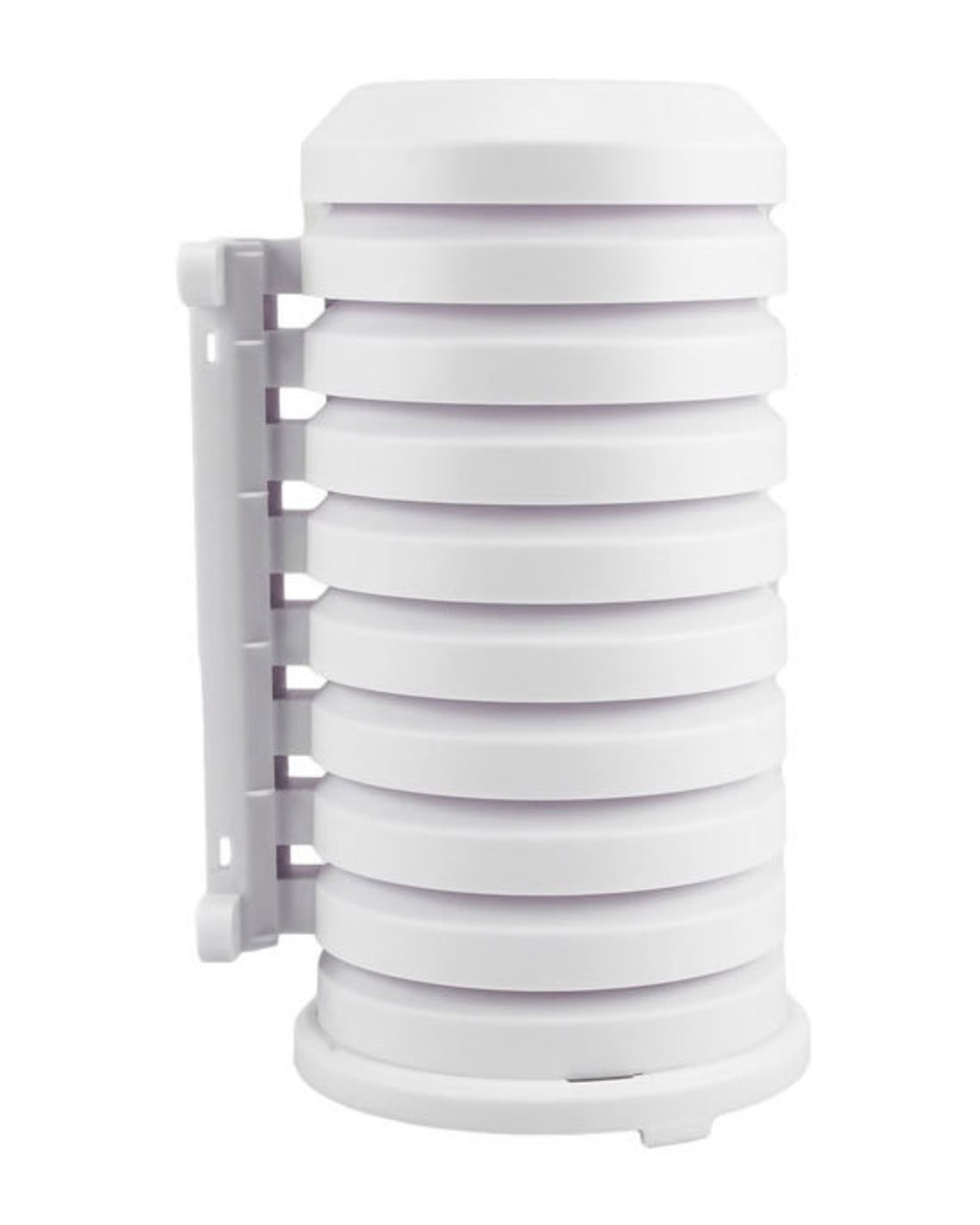 A white, cylindrical sensor weather shield with multiple segments, designed to protect outdoor sensors from the elements.
