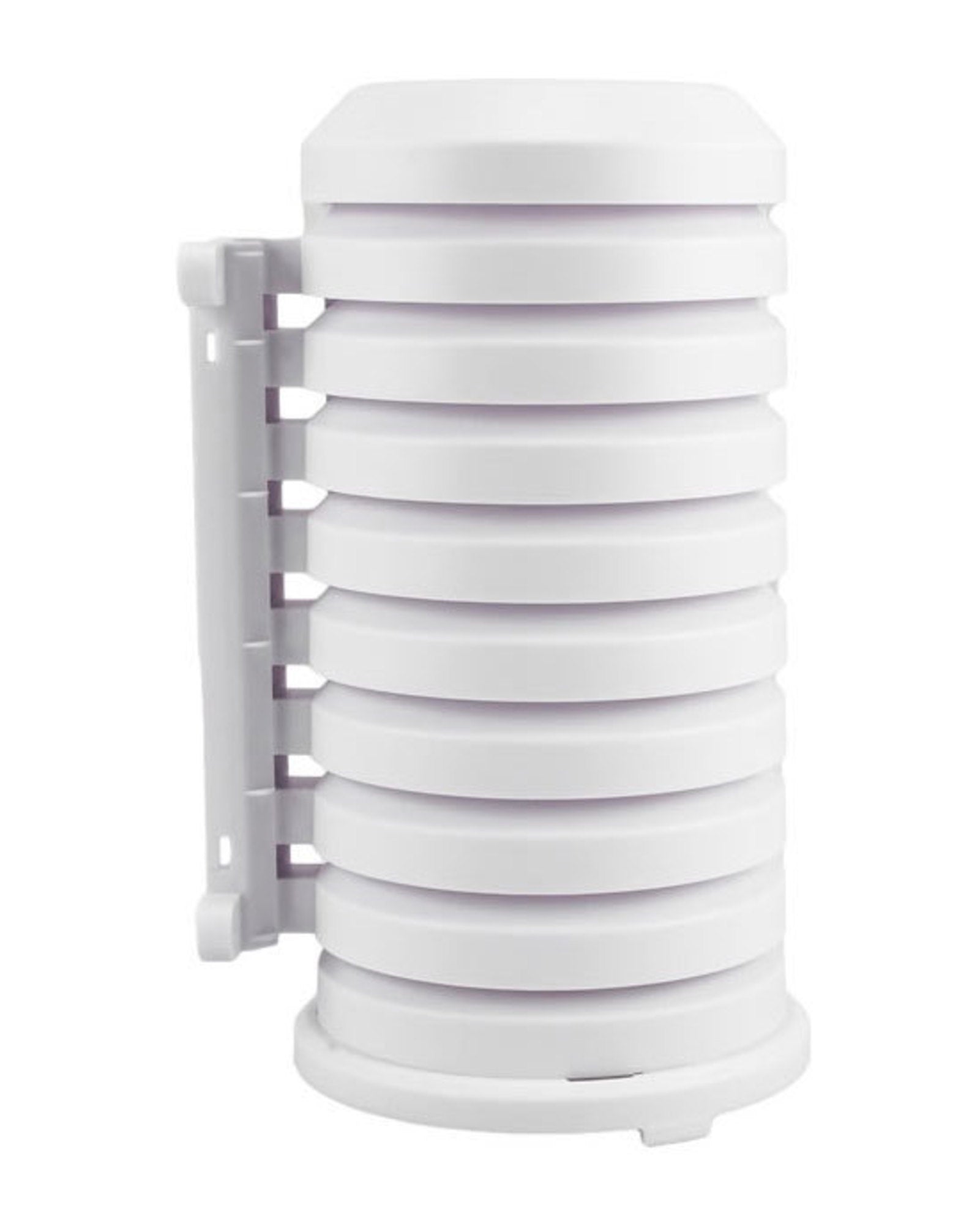 A white, cylindrical sensor weather shield with multiple segments, designed to protect outdoor sensors from the elements.