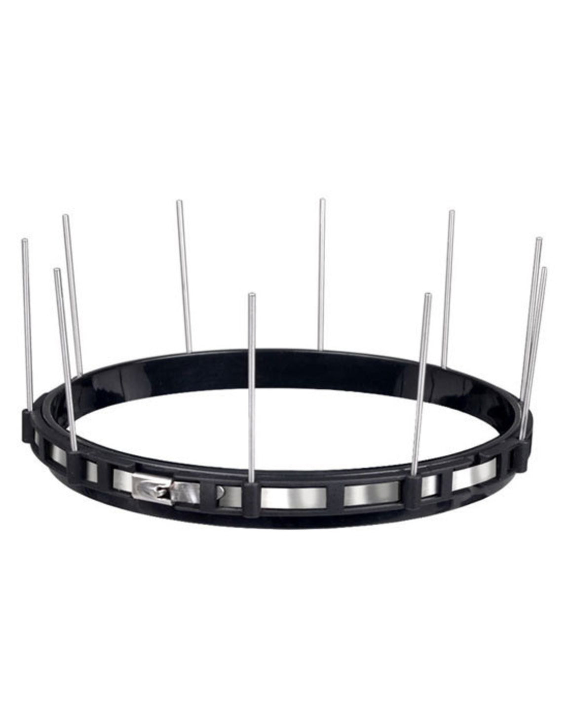 Black metal ring with multiple spikes on a white background