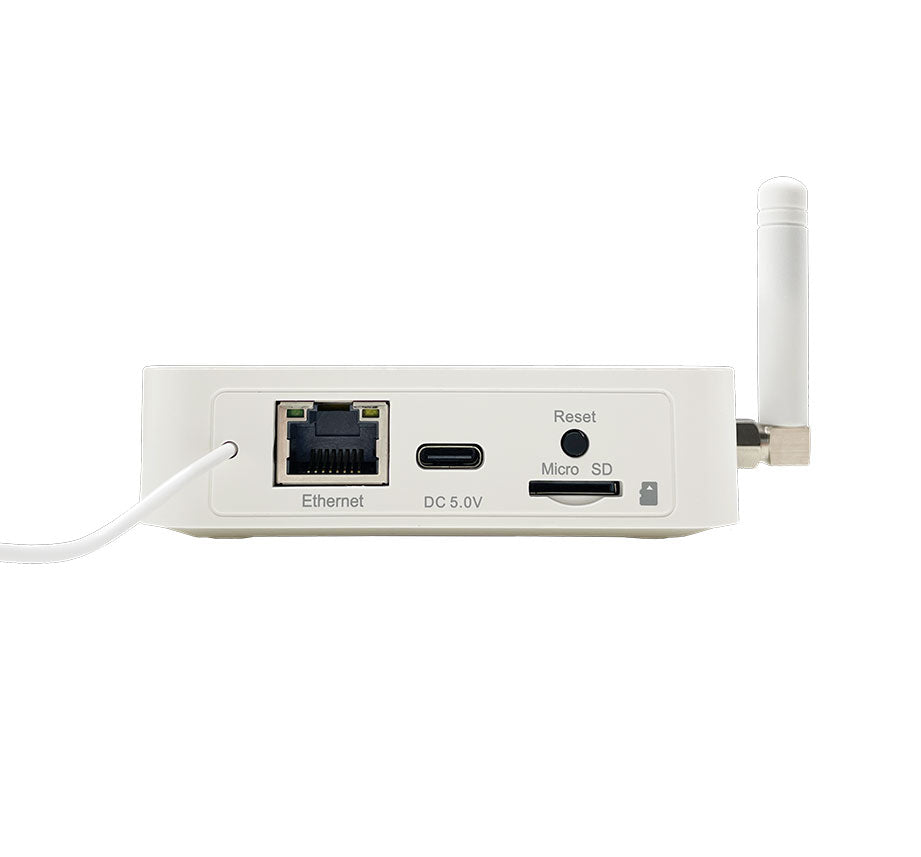 White Ecowitt electronic device with connectivity ports on a white background