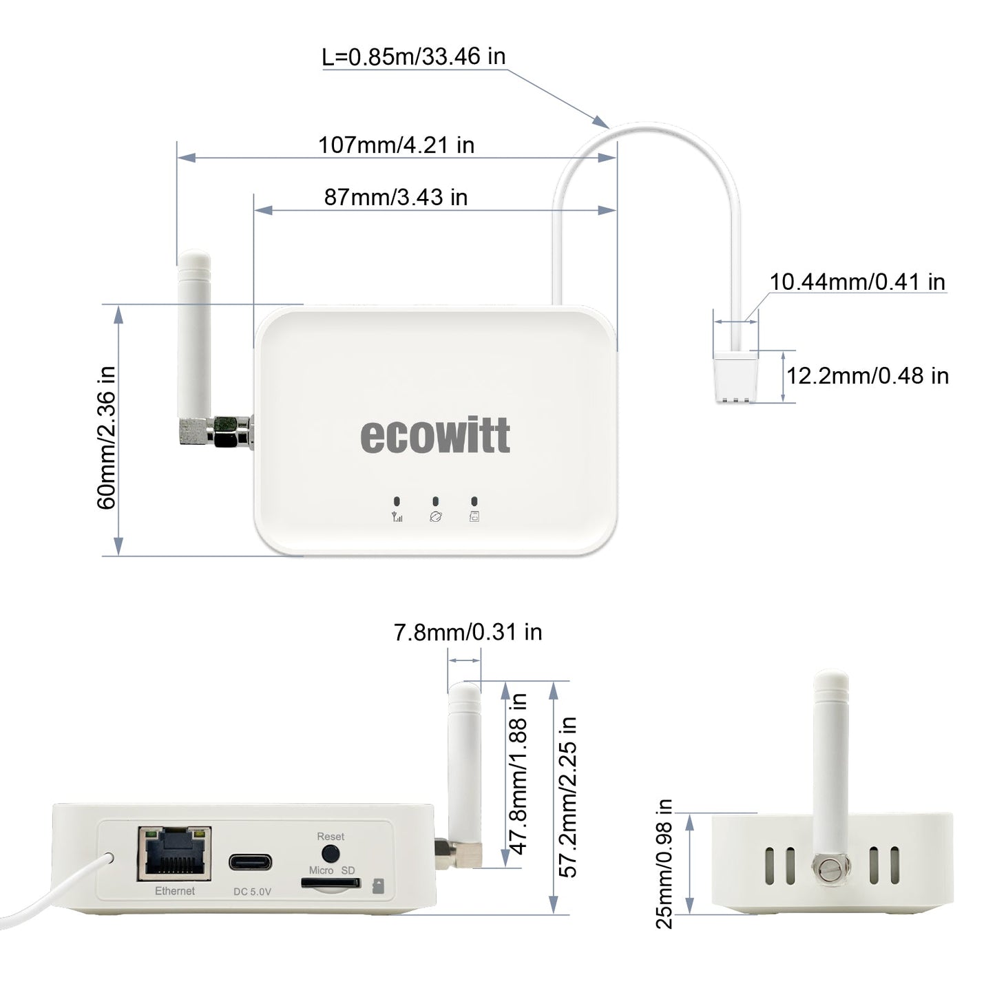 ecowitt device with dimensions labeled on a white background