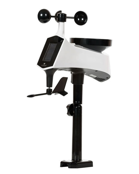 A white and black La Crosse multi-sensor device designed to measure wind speed, wind direction, and rainfall, featuring a solar panel and a mounting bracket with a black tripod base.