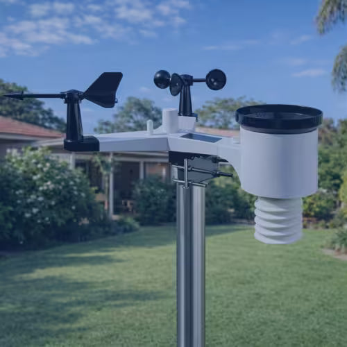 Weather station on a pole with a house and trees in the background