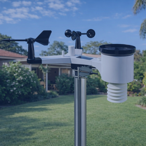 Weather station with anemometer, wind vane, and other components on a grassy lawn.
