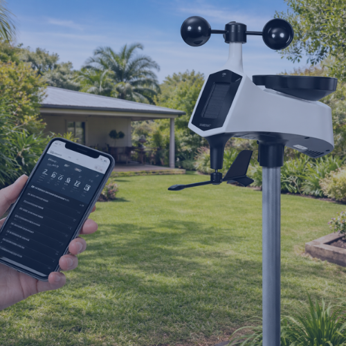 Weather station on a stand with a smartphone app being used outdoors