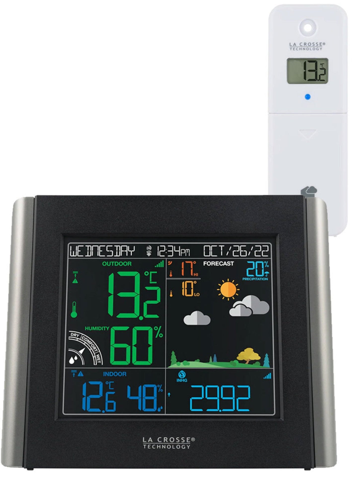 A La Crosse Technology wireless weather station with a color display showing indoor and outdoor temperature, humidity, and weather forecast.
