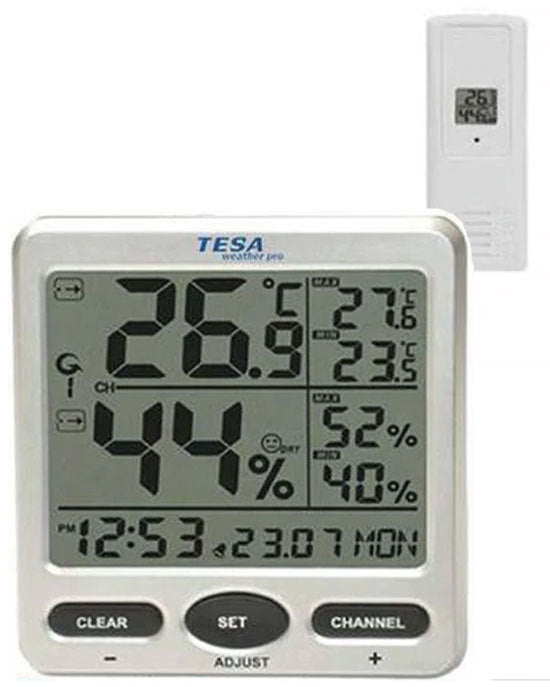 TESA WS710 Thermo Humidity 8-Channel Station with a large digit display showing temperature and humidity levels, accompanied by a remote sensor.