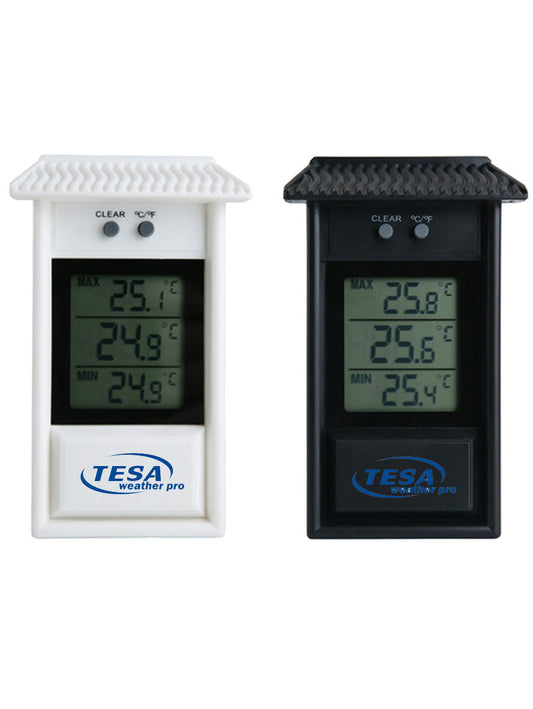 Two digital thermometers, one white and one black, with TESA branding on a white background.