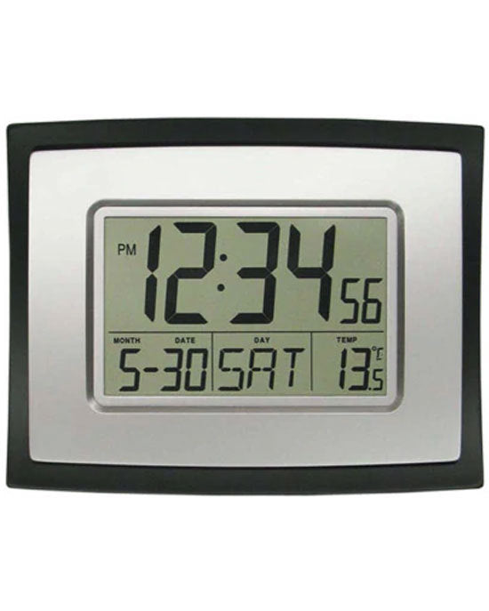 A digital wall-mounted clock displaying time, temperature, and calendar information.
