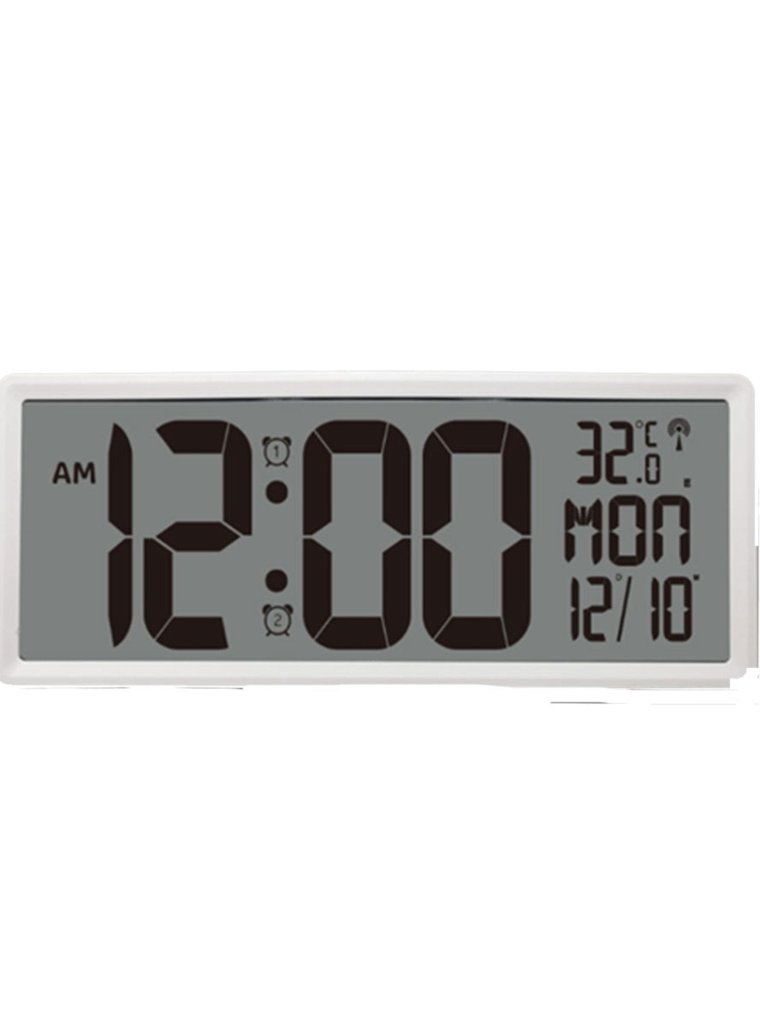 A digital LCD wall clock displaying the time, indoor temperature, and date on its screen.