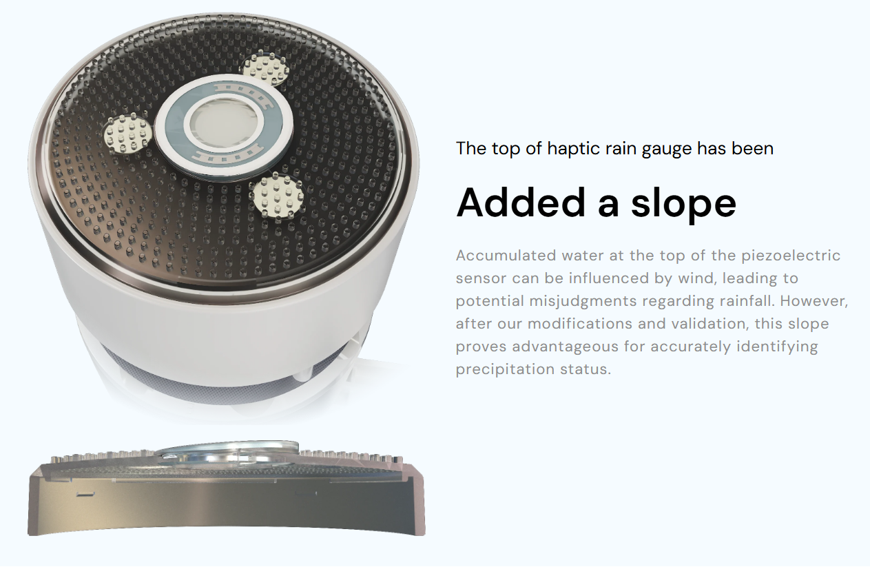 Haptic rain gauge with text explaining modifications to improve accuracy