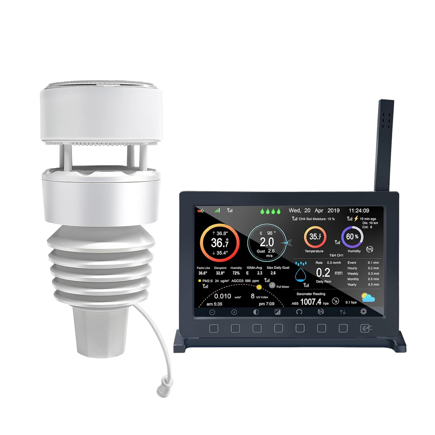 Weather station with digital display and sensor on a white background
