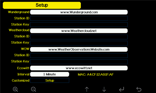Setup screen with various station IDs and URLs on a black background