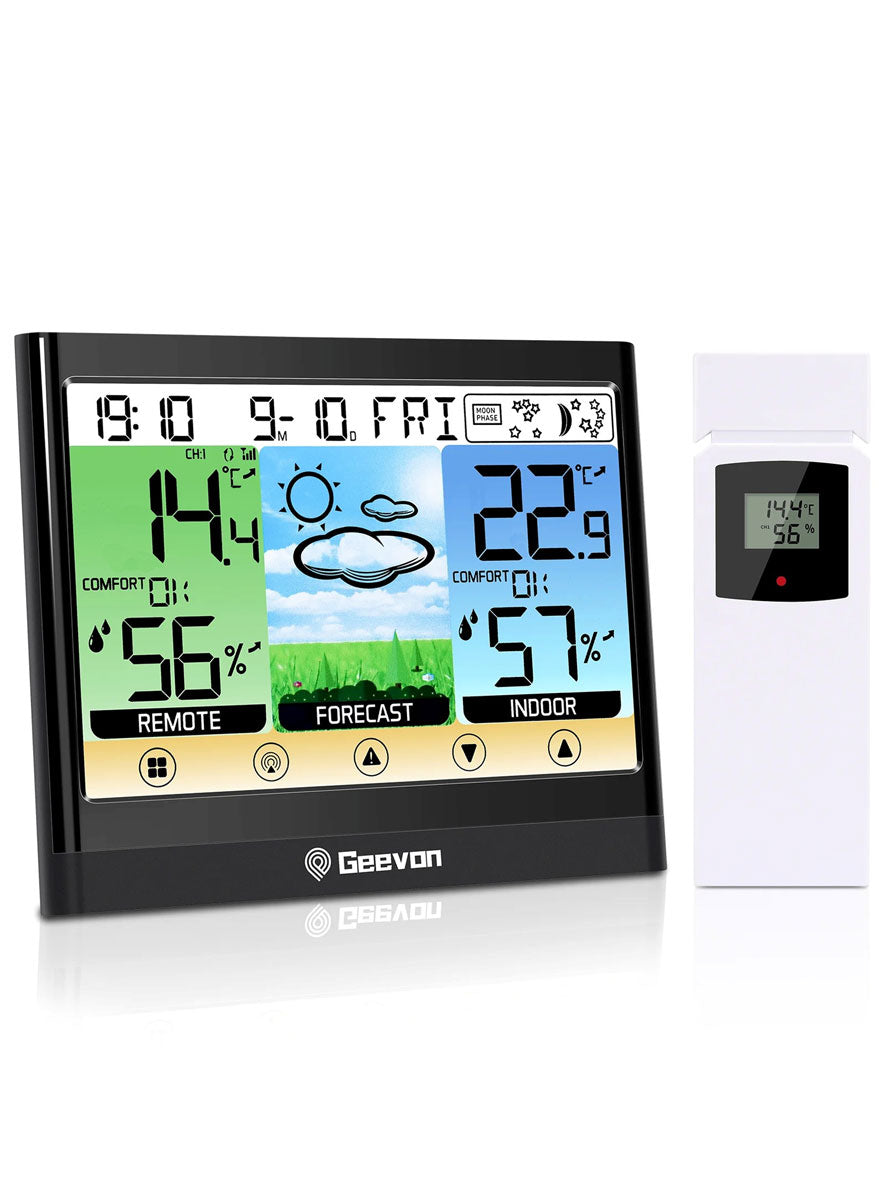 Geevon weather station with digital display on a white background
