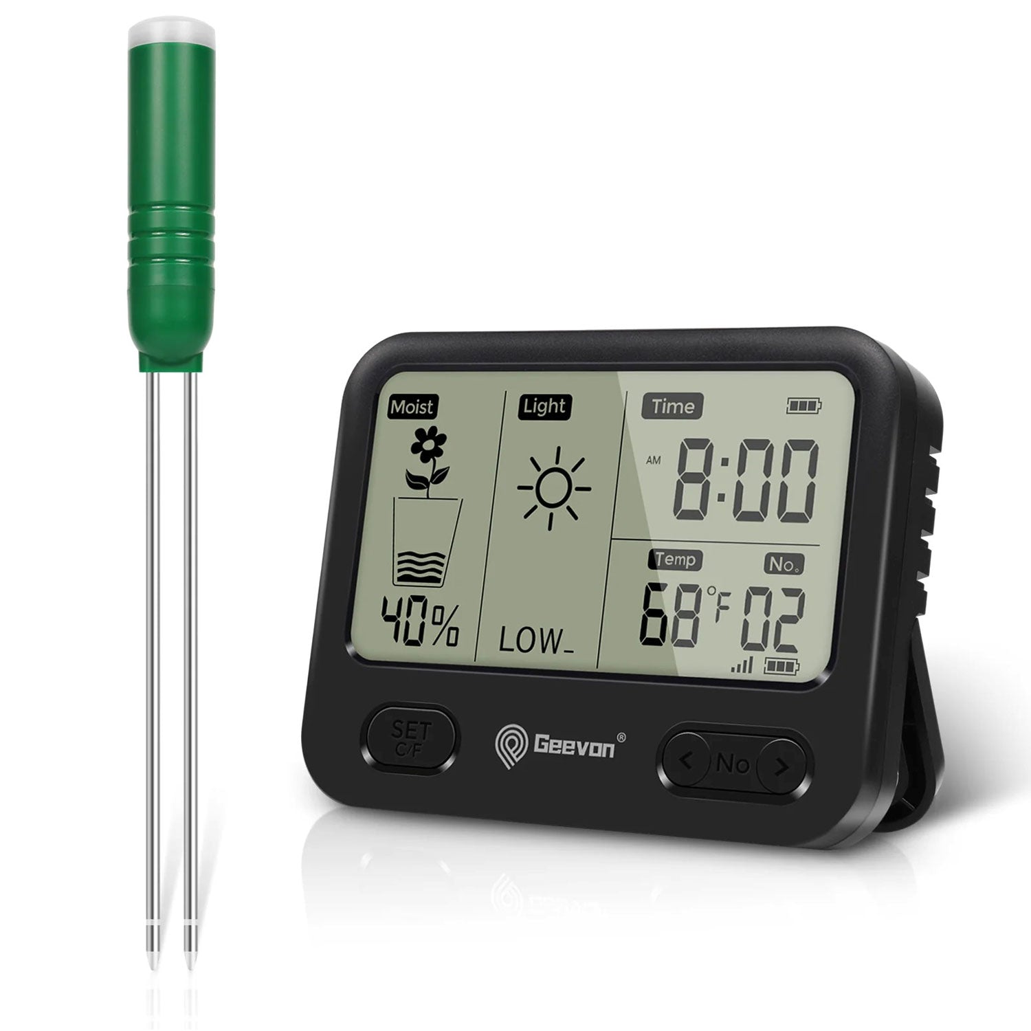 Digital thermometer with green probe on a white background