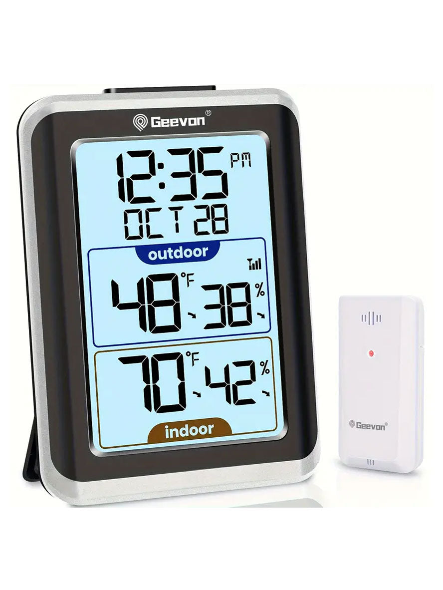 Geeven digital thermometer with indoor and outdoor temperature and humidity display on a white background