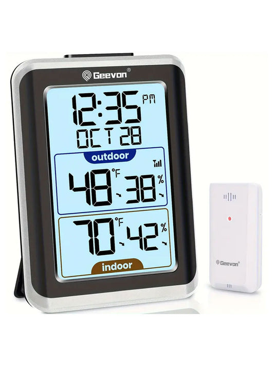 Geeven digital thermometer with indoor and outdoor temperature and humidity display on a white background