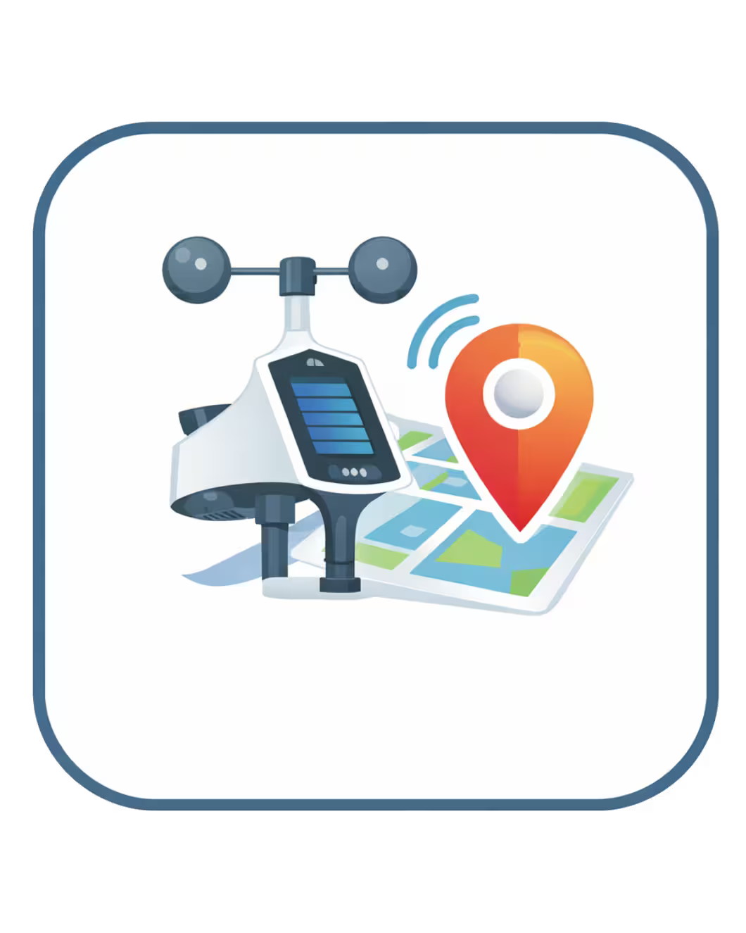 Weather station with a map and location marker icon on a white background