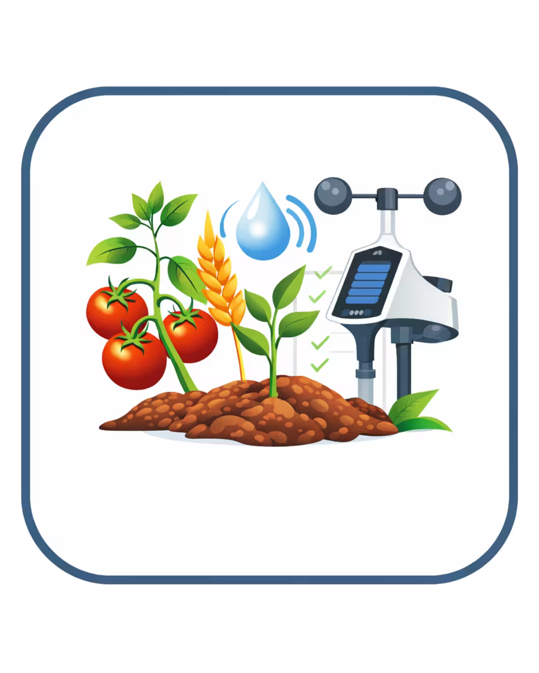 Illustration of plants, a weather station, and water droplets on a white background