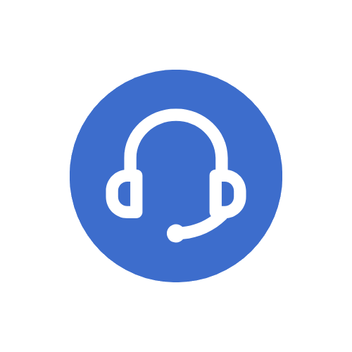 White headset icon on a blue circle against a white background