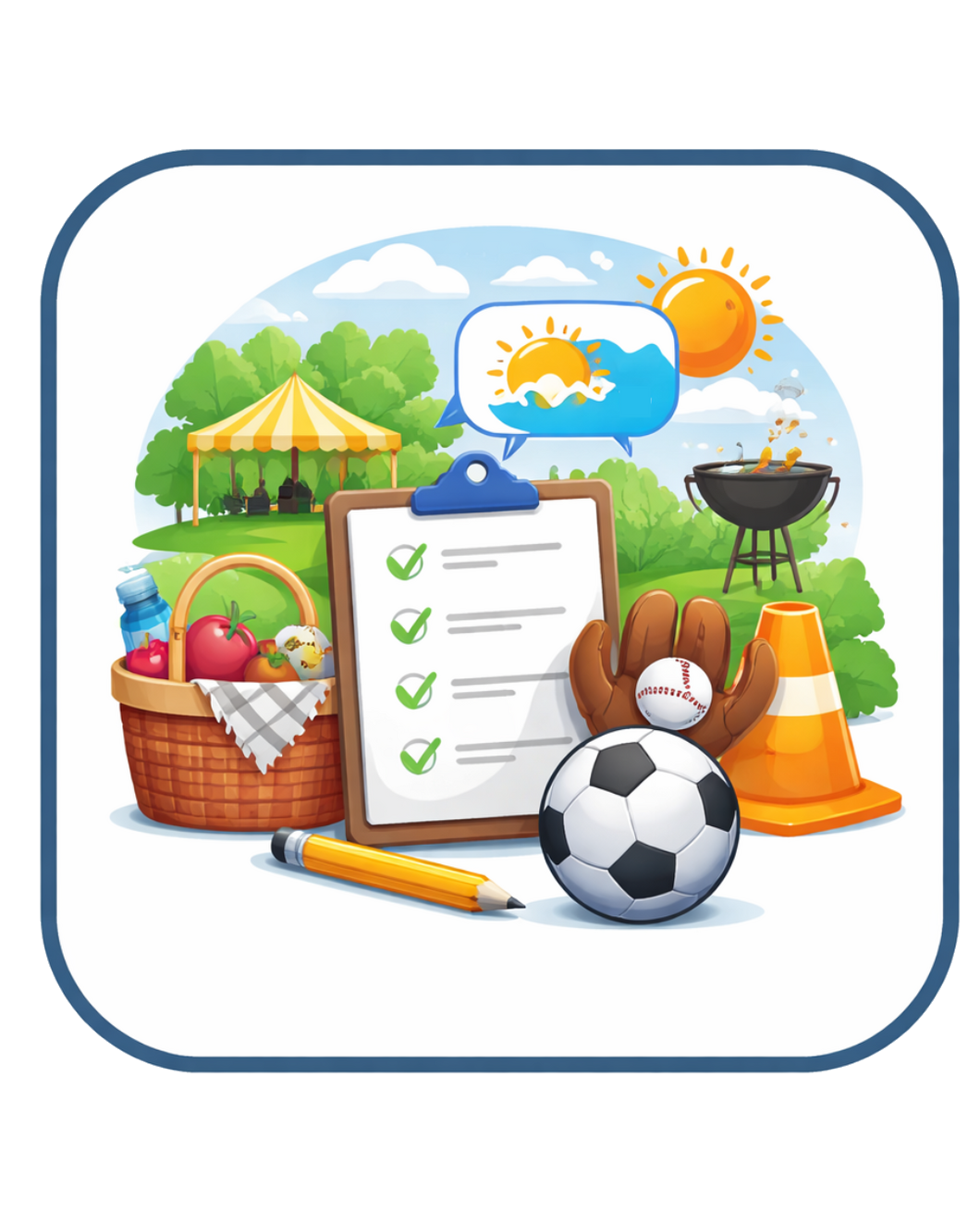 Icon with picnic basket, clipboard, soccer ball, and other items on a white background