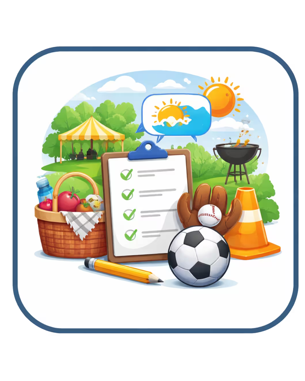 Icon with picnic basket, clipboard, soccer ball, and other items on a white background
