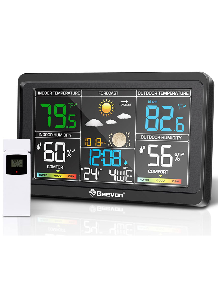 Geeven weather station with digital display on a white background